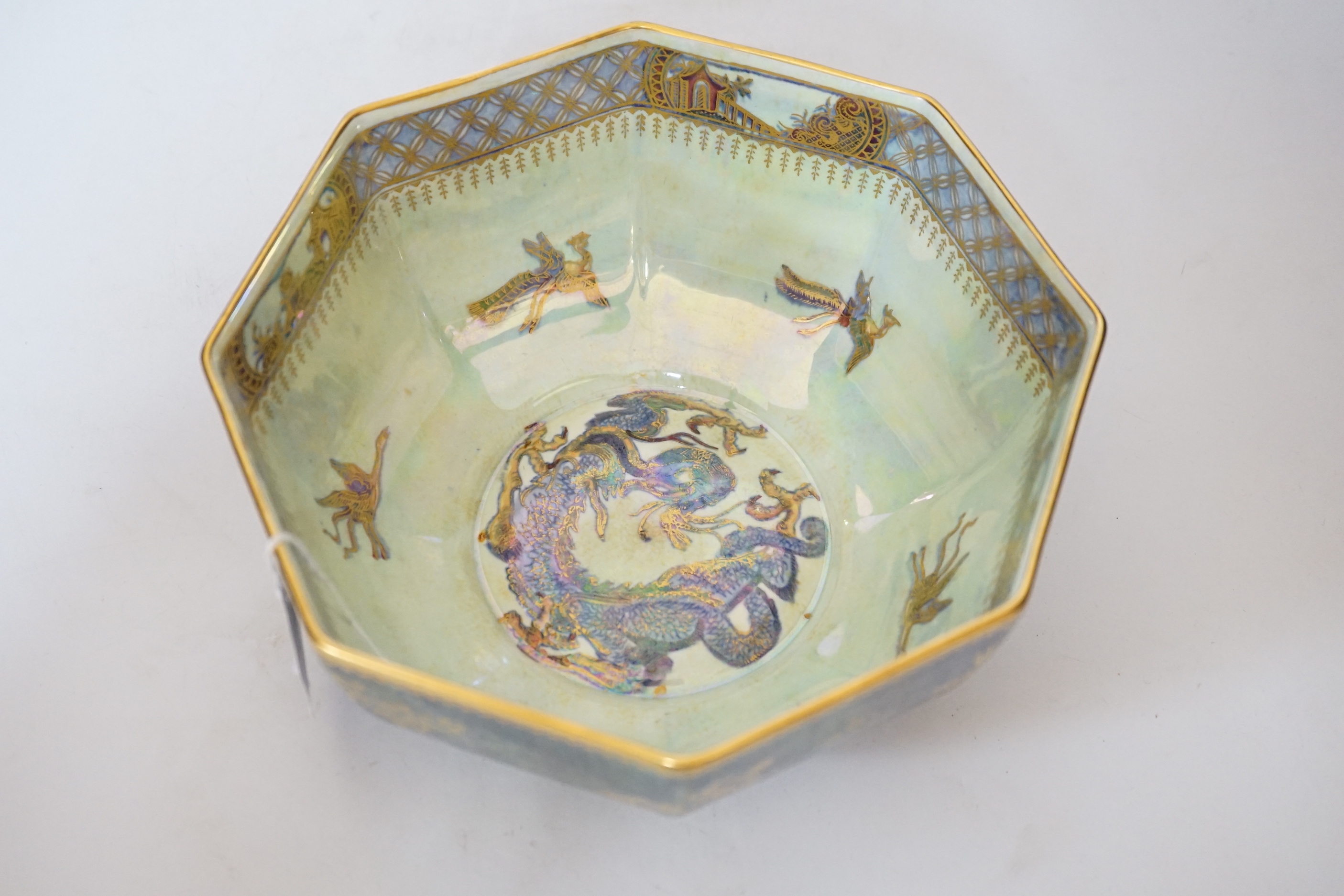 A Wedgwood ‘dragon’ lustre bowl of octagonal form, design number Z4831, decorated centrally with a dragon, 10cm